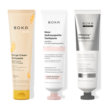 Three bottles of Boka Nano-Hydroxyapatite Toothpaste on a white background
