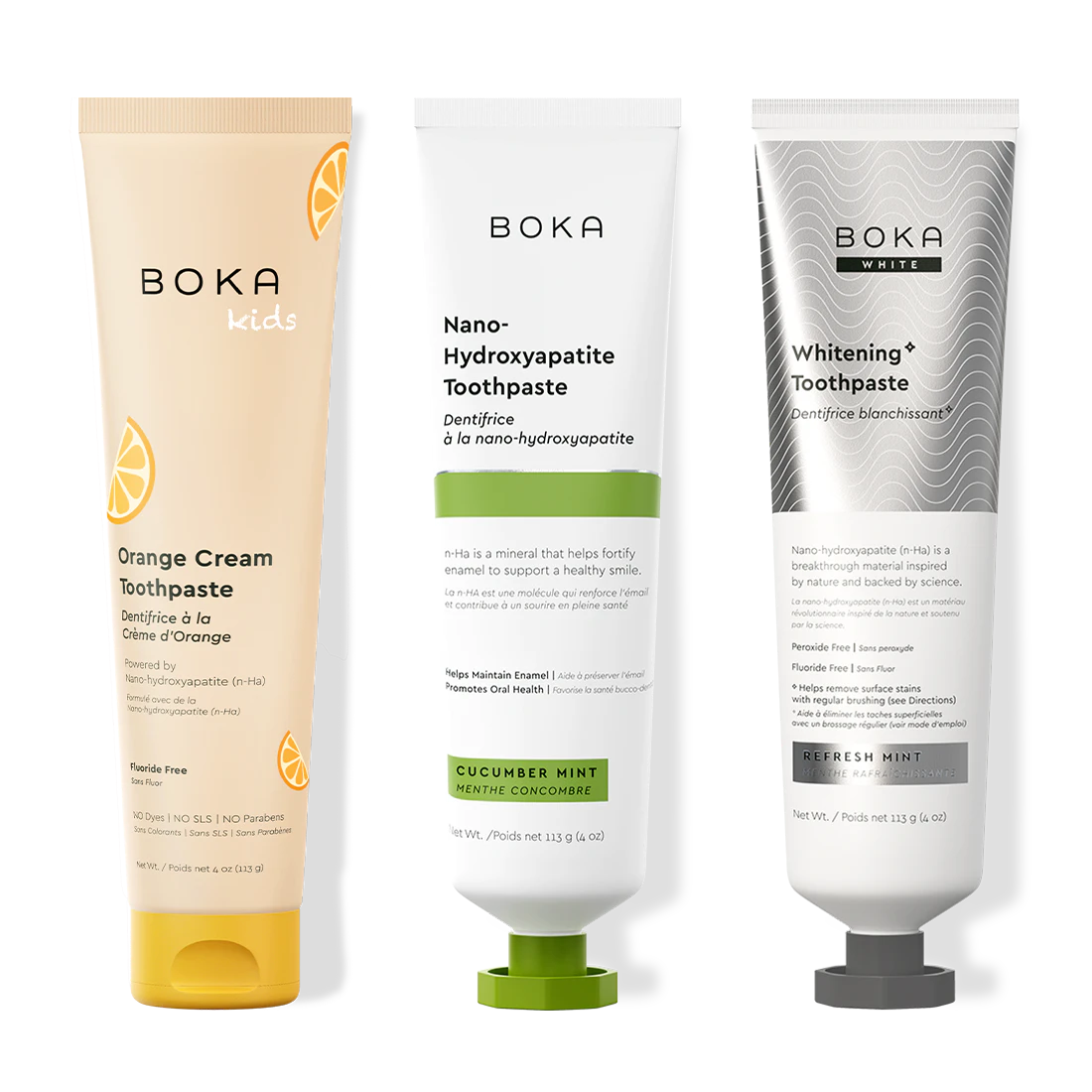 Three bottles of Boka Nano-Hydroxyapatite Toothpaste on a white background