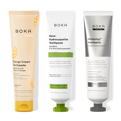 Three bottles of Boka Nano-Hydroxyapatite Toothpaste on a white background