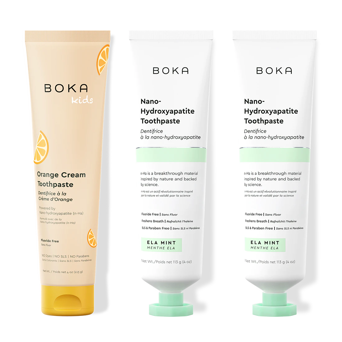Three tubes of Boka Nano-Hydroxyapatite Toothpaste on a white background