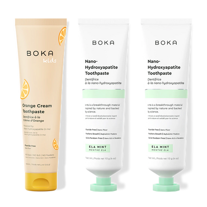 Three tubes of Boka Nano-Hydroxyapatite Toothpaste on a white background