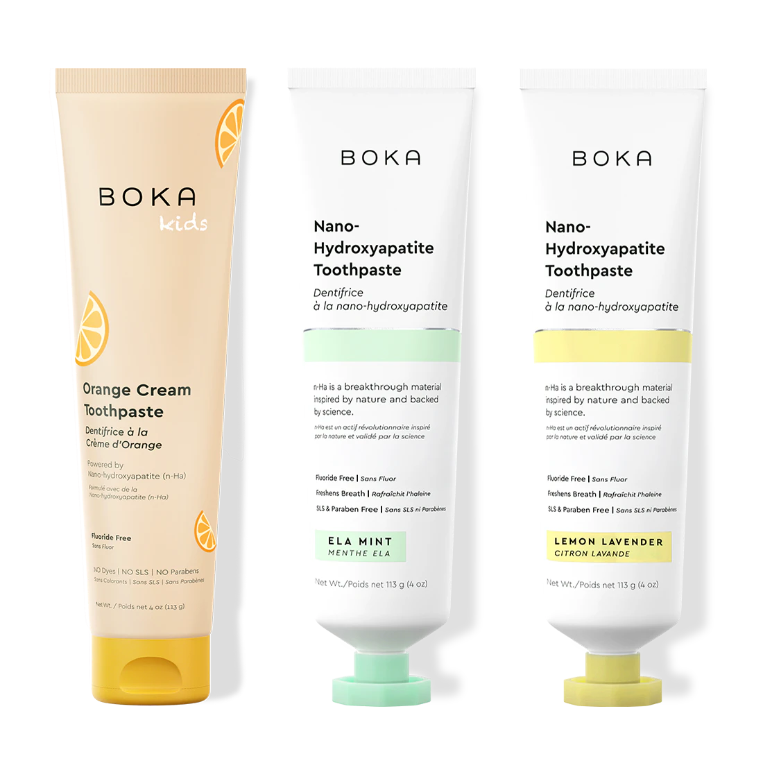 Three tubes of Boka Nano-Hydroxyapatite Toothpaste on a white background