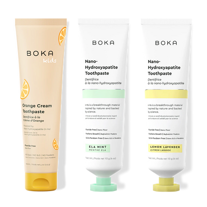 Three tubes of Boka Nano-Hydroxyapatite Toothpaste on a white background