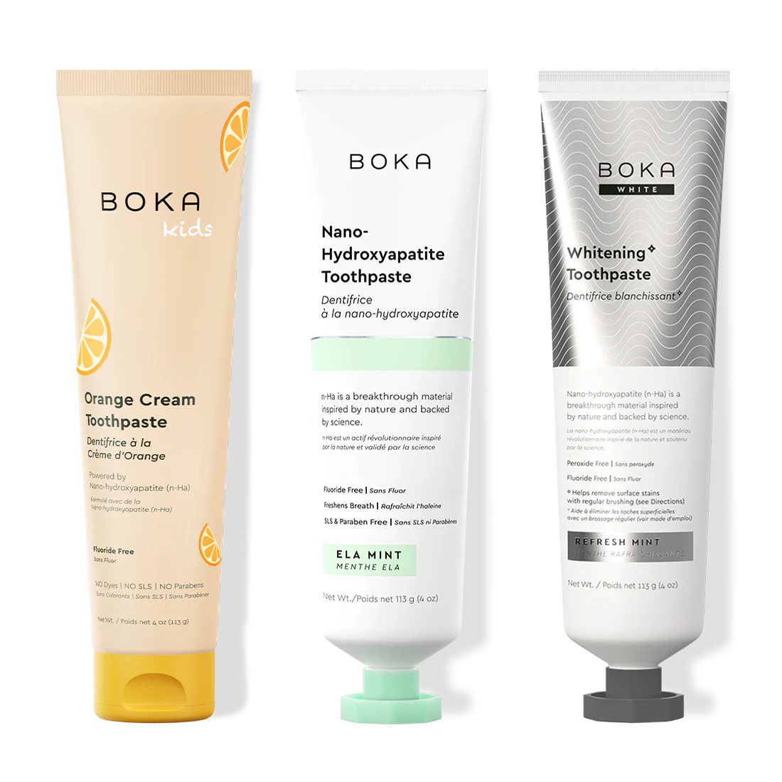 Three bottles of Boka Nano-Hydroxyapatite Toothpaste on a white background