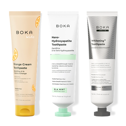 Three bottles of Boka Nano-Hydroxyapatite Toothpaste on a white background