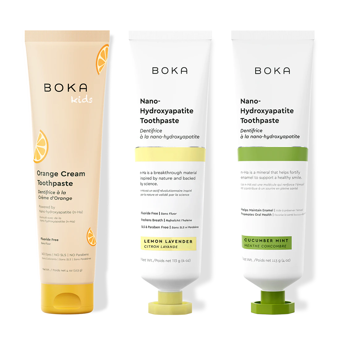 Three bottles of Boka Nano-Hydroxyapatite Toothpaste on a white background