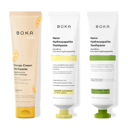 Three bottles of Boka Nano-Hydroxyapatite Toothpaste on a white background