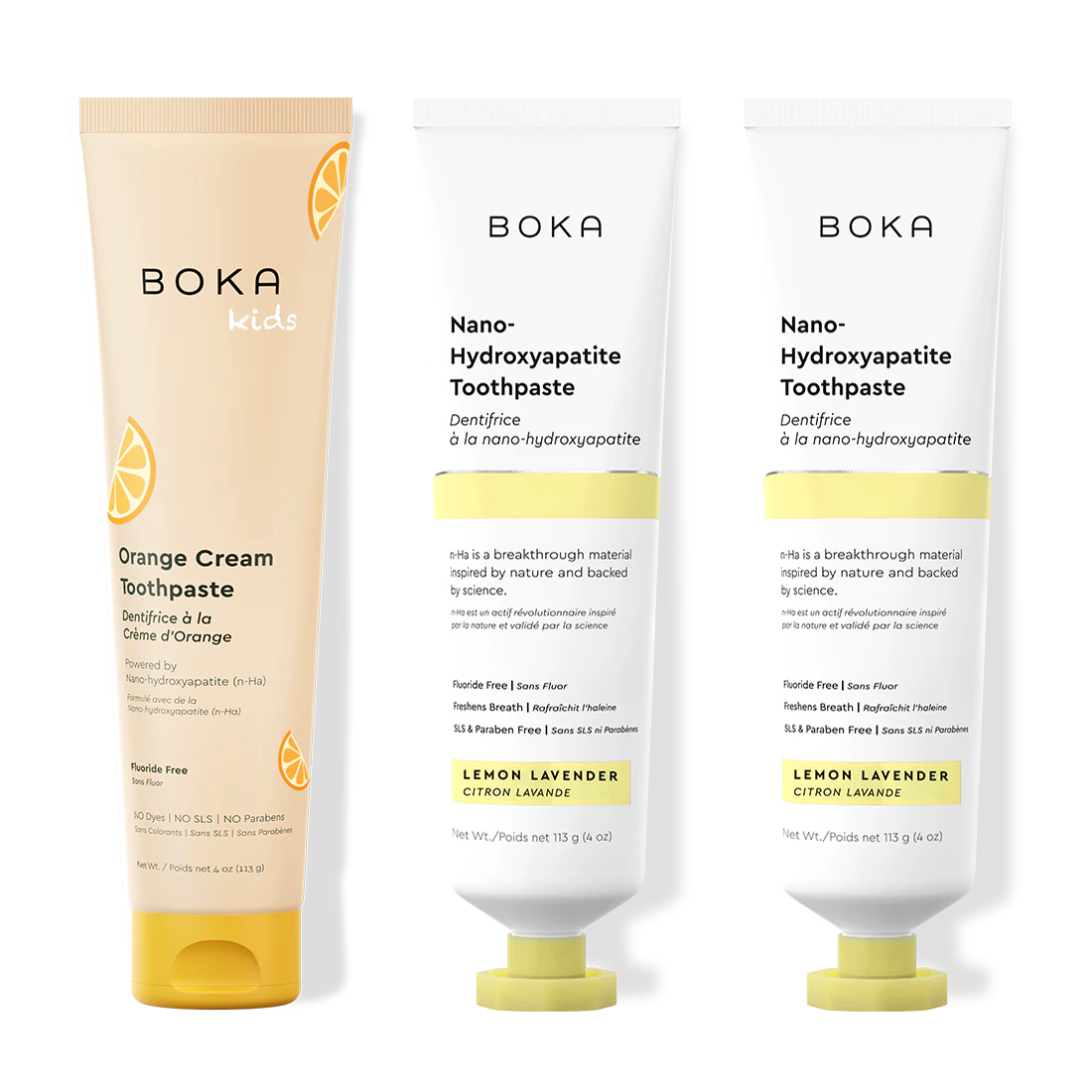 Three bottles of Boka Nano-Hydroxyapatite Toothpaste on a white background