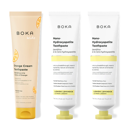 Three bottles of Boka Nano-Hydroxyapatite Toothpaste on a white background