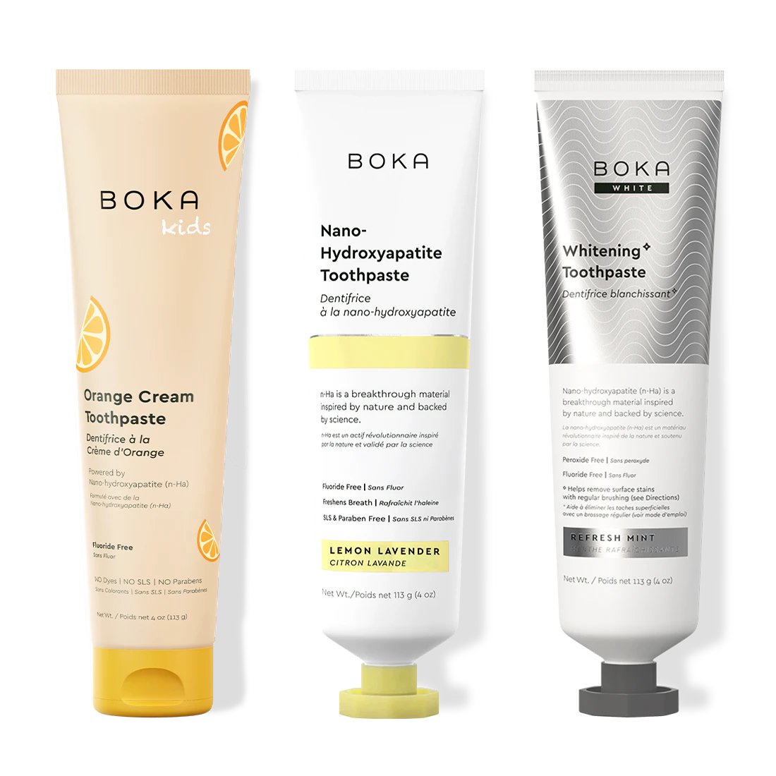 Three bottles of Boka Nano-Hydroxyapatite Toothpaste on a white background