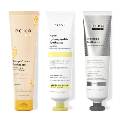 Three bottles of Boka Nano-Hydroxyapatite Toothpaste on a white background