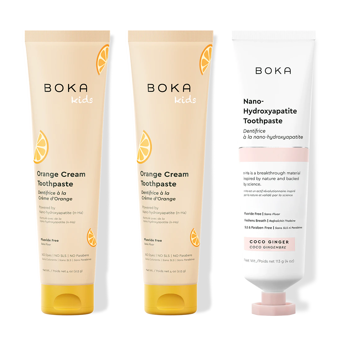 Three bottles of Boka Nano-Hydroxyapatite Toothpaste on a white background