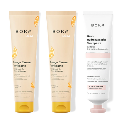 Three bottles of Boka Nano-Hydroxyapatite Toothpaste on a white background