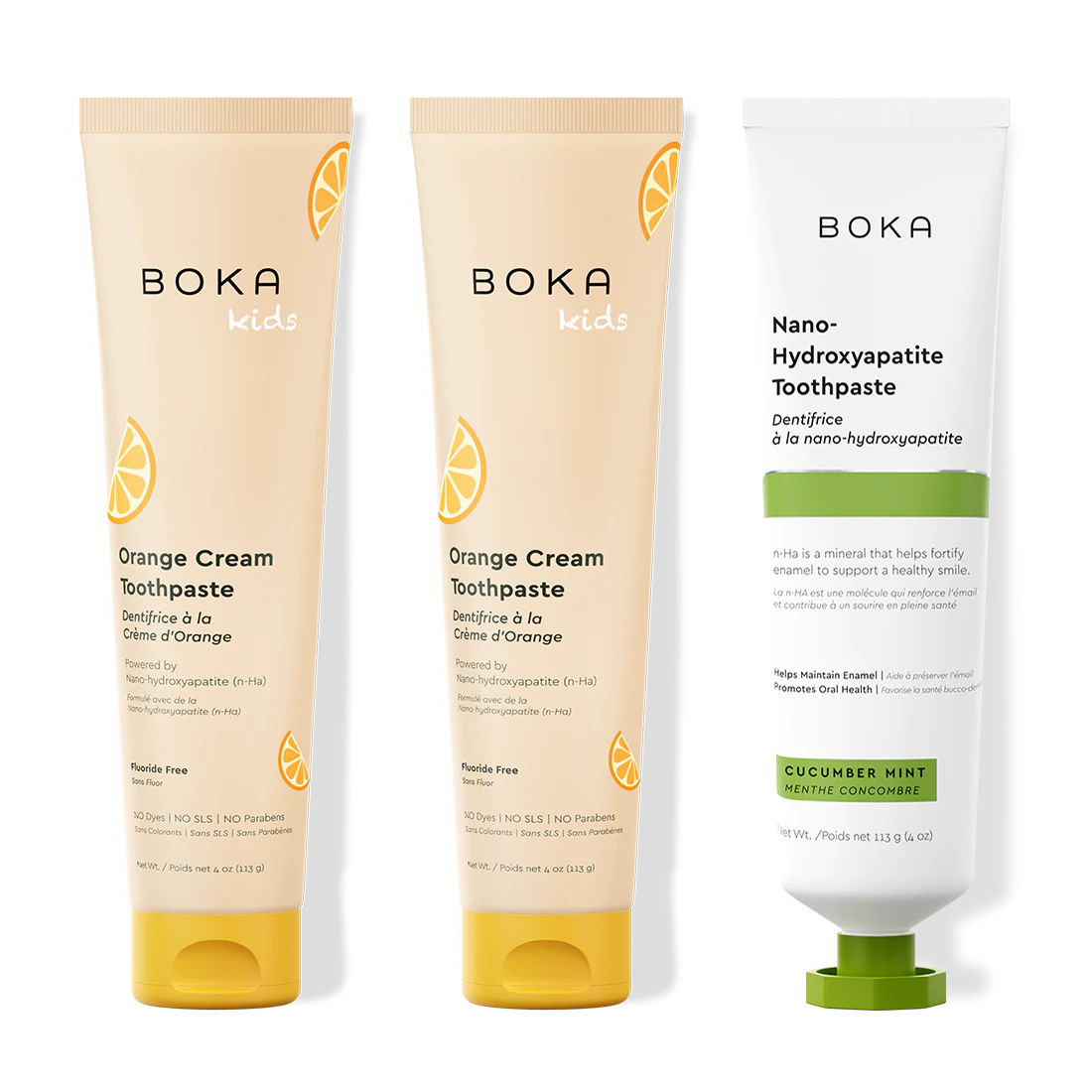 Three bottles of Boka Nano-Hydroxyapatite Toothpaste on a white background
