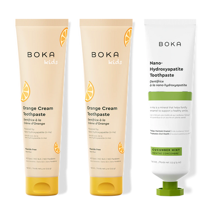 Three bottles of Boka Nano-Hydroxyapatite Toothpaste on a white background