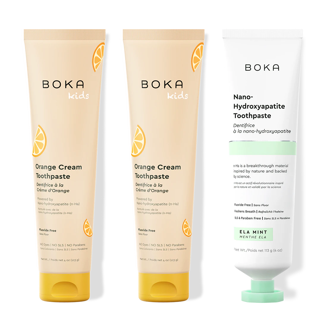 Three bottles of Boka Nano-Hydroxyapatite Toothpaste on a white background