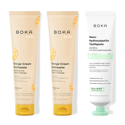 Three bottles of Boka Nano-Hydroxyapatite Toothpaste on a white background