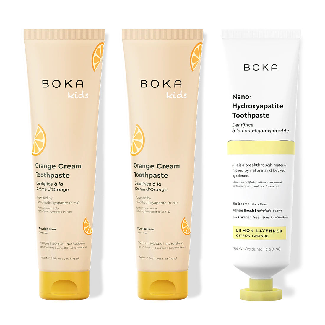 Three bottles of Boka Nano-Hydroxyapatite Toothpaste on a white background