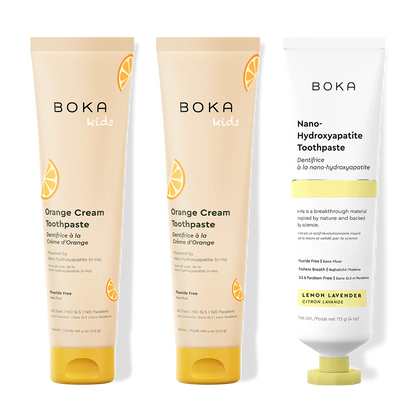 Three bottles of Boka Nano-Hydroxyapatite Toothpaste on a white background