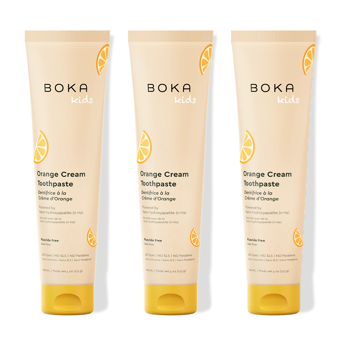 Three bottles of Boka Nano-Hydroxyapatite Toothpaste on a white background
