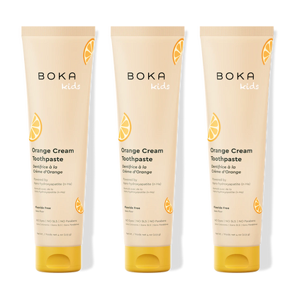 Three bottles of Boka Nano-Hydroxyapatite Toothpaste on a white background