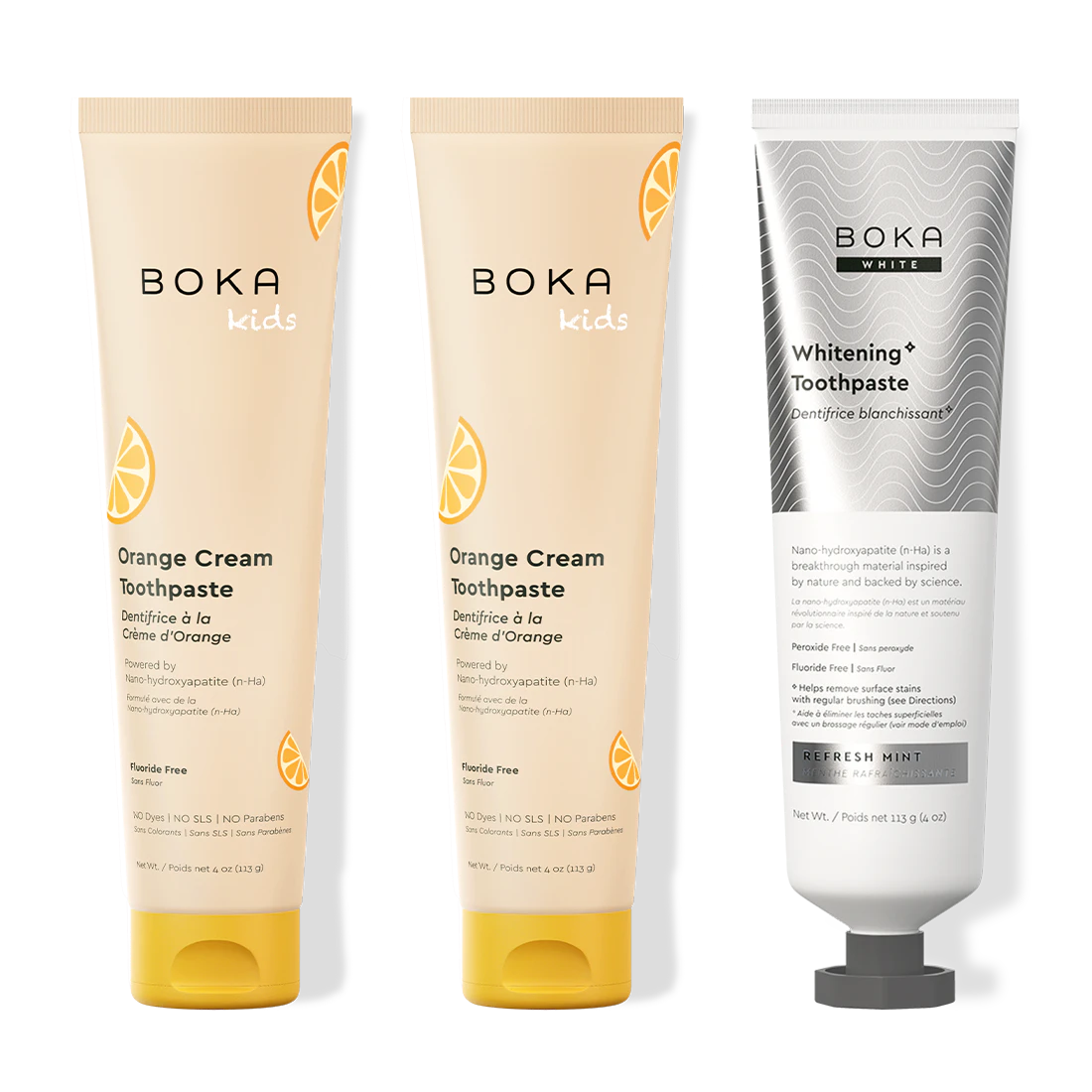 Three bottles of Boka Nano-Hydroxyapatite Toothpaste on a white background