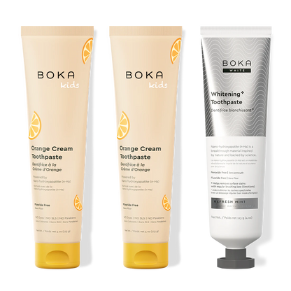 Three bottles of Boka Nano-Hydroxyapatite Toothpaste on a white background