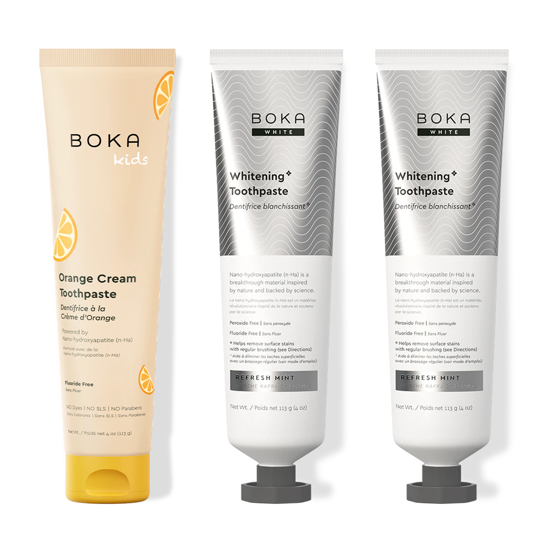 Three bottles of Boka Nano-Hydroxyapatite Toothpaste on a white background