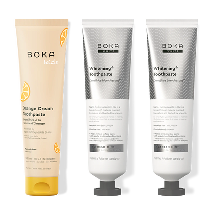 Three bottles of Boka Nano-Hydroxyapatite Toothpaste on a white background