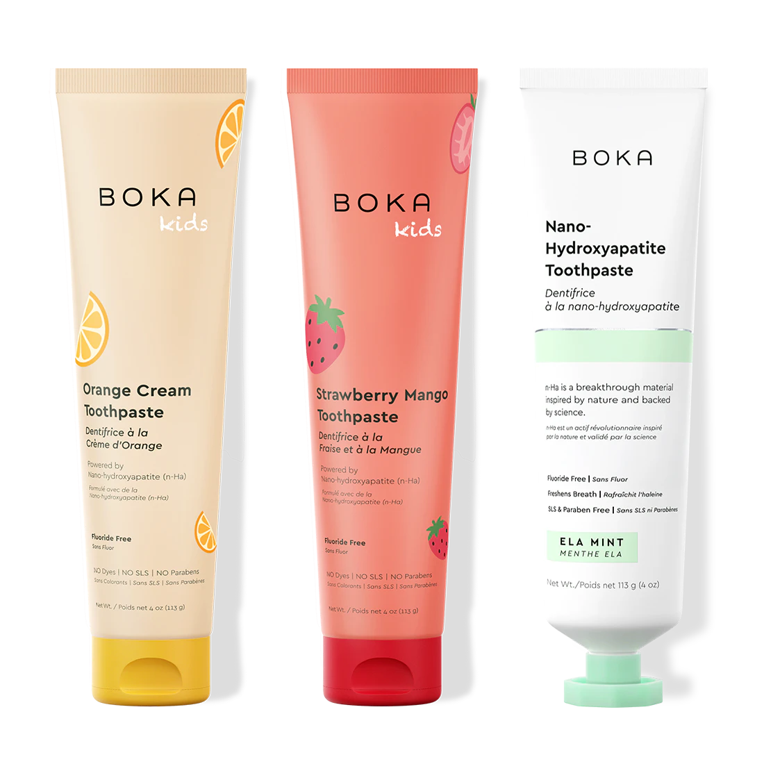 Three bottles of Boka Nano-Hydroxyapatite Toothpaste on a white background