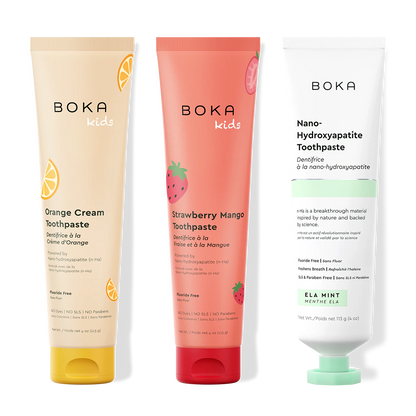 Three bottles of Boka Nano-Hydroxyapatite Toothpaste on a white background
