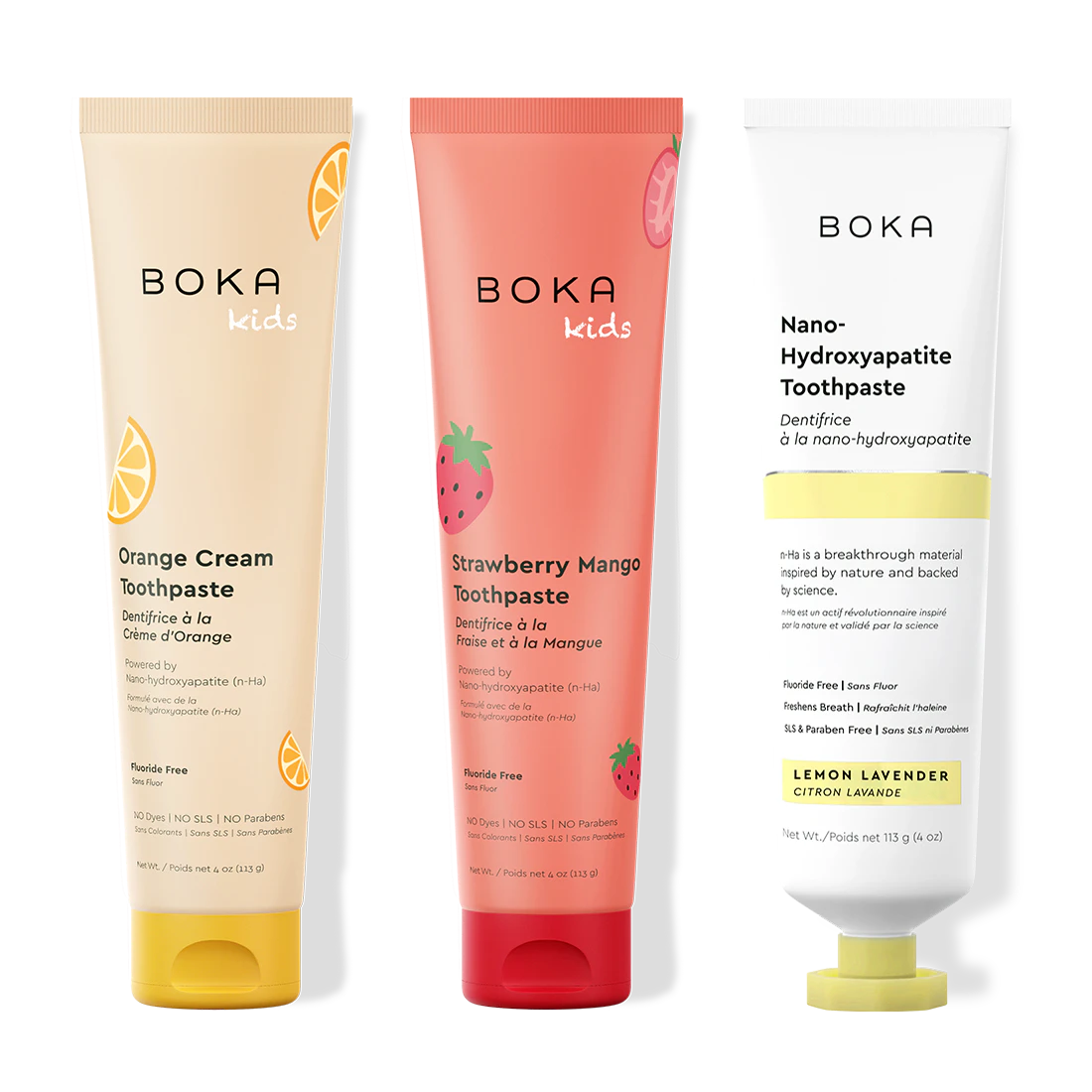 Three tubes of Boka Nano-Hydroxyapatite Toothpaste on a white background