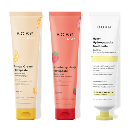 Three tubes of Boka Nano-Hydroxyapatite Toothpaste on a white background