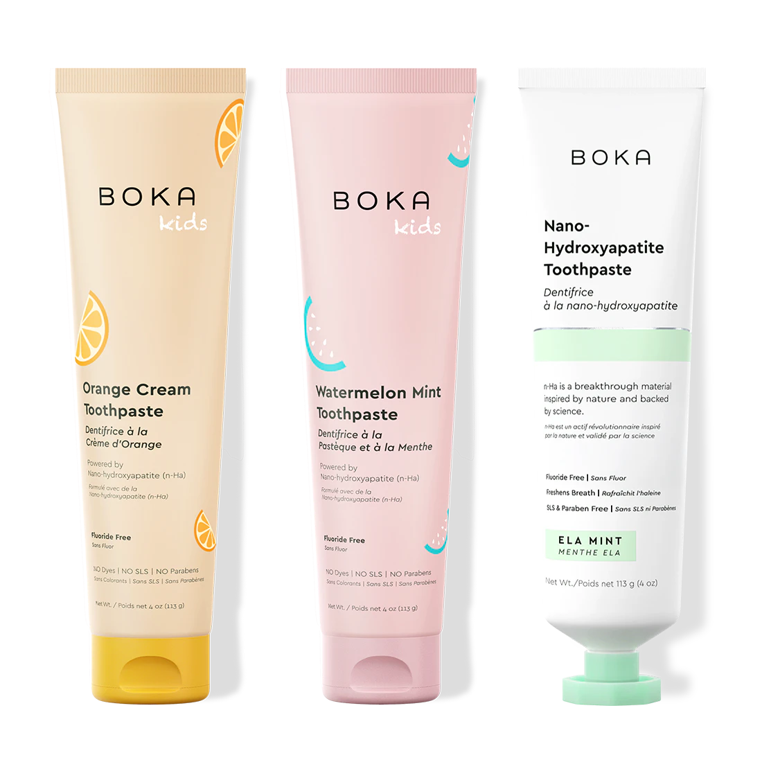 Three bottles of Boka Nano-Hydroxyapatite Toothpaste on a white background