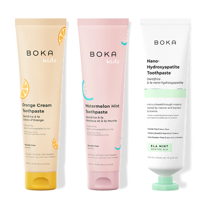Three bottles of Boka Nano-Hydroxyapatite Toothpaste on a white background