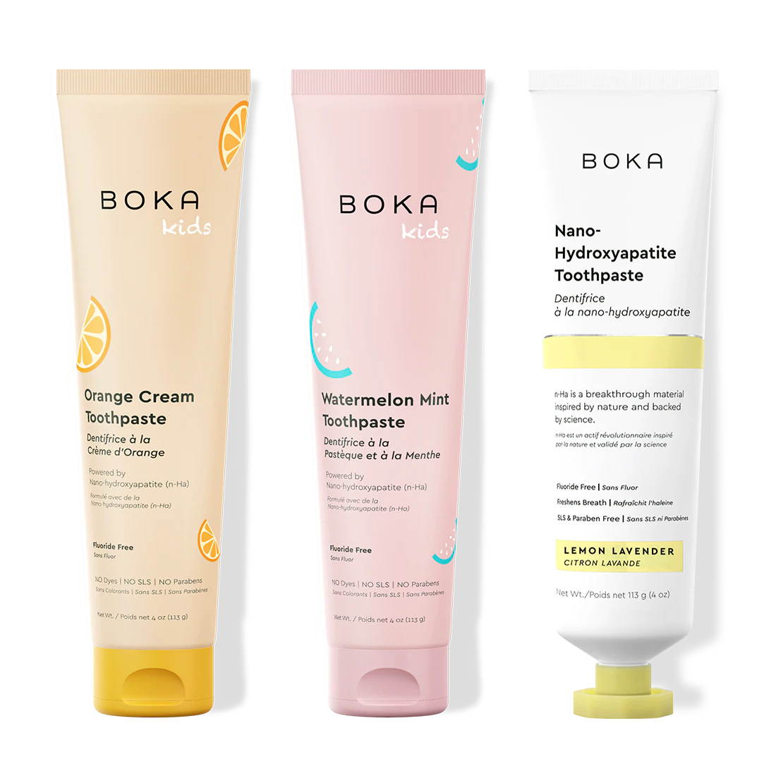 Three tubes of Boka Nano-Hydroxyapatite Toothpaste on a white background