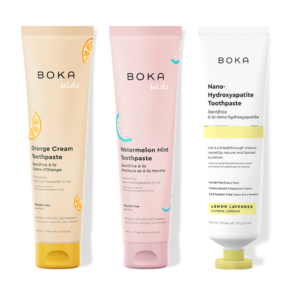 Three tubes of Boka Nano-Hydroxyapatite Toothpaste on a white background