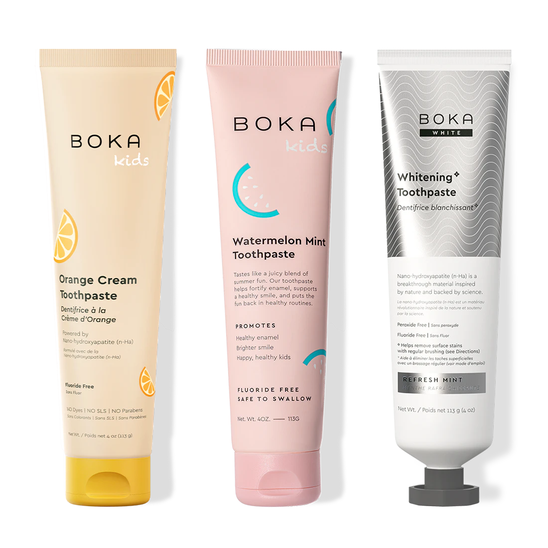 Three bottles of Boka Nano-Hydroxyapatite Toothpaste on a white background