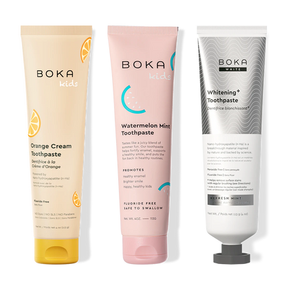 Three bottles of Boka Nano-Hydroxyapatite Toothpaste on a white background