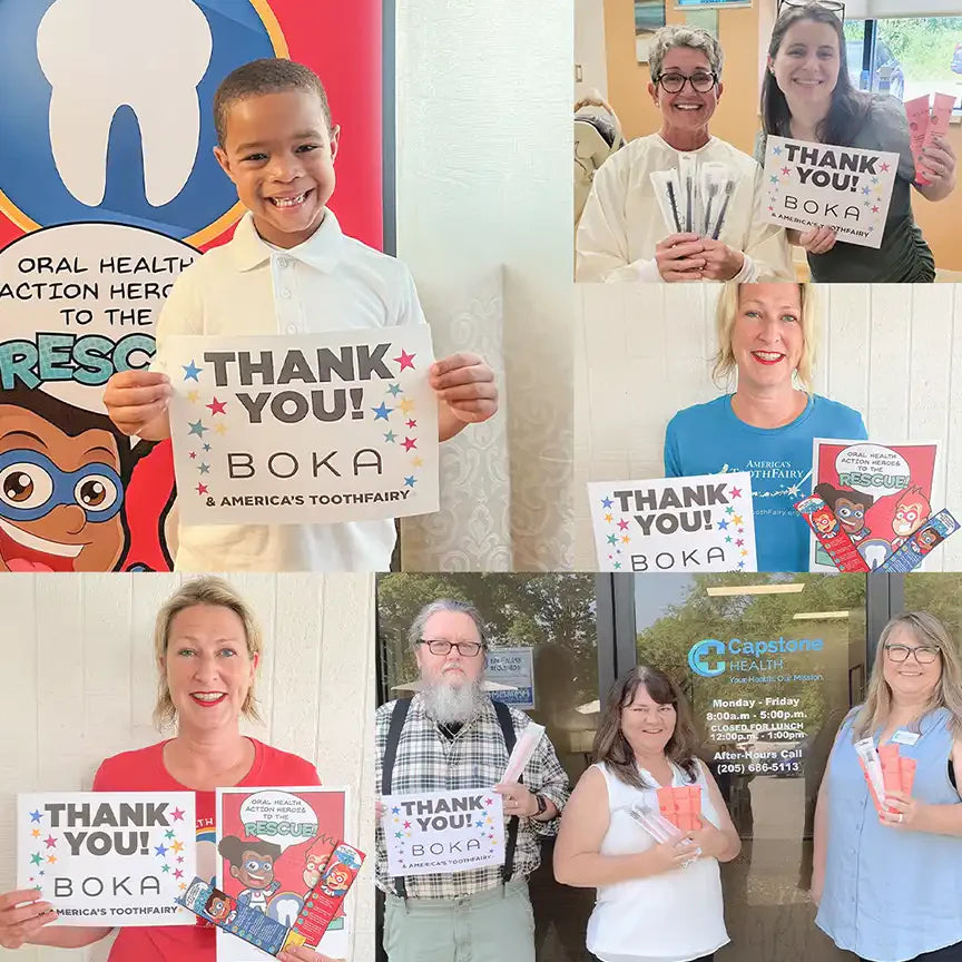 Collage of people holding 'Thank You! Boka' signs in various settings.