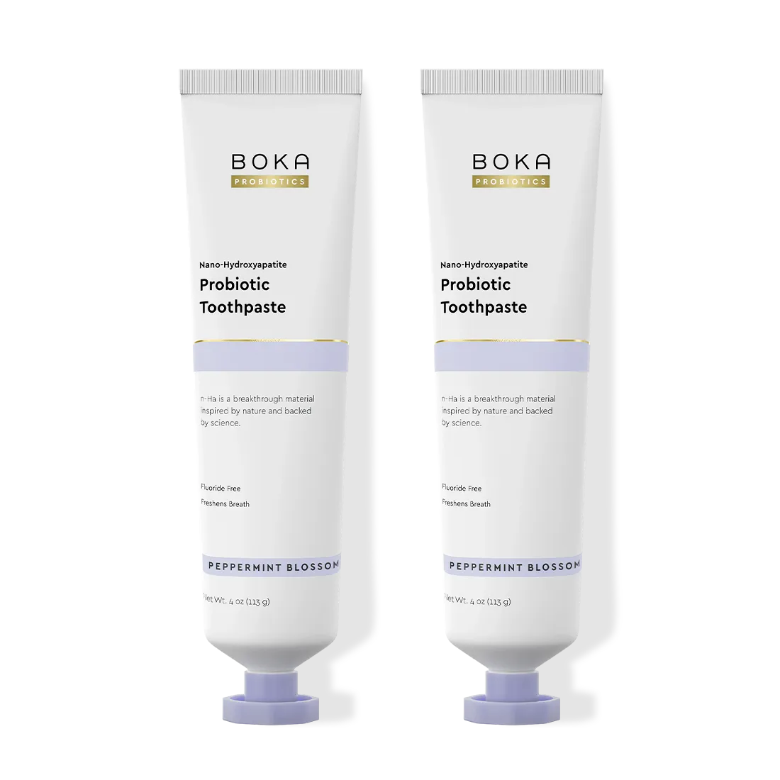 Two tubes of Boka Probiotic Toothpaste on a white background