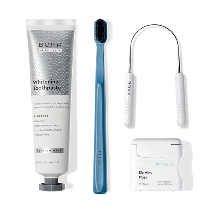 Boka Starter Kit: includes nano-hydroxyapatite toothpaste, charcoal toothbrush, floss & holder.