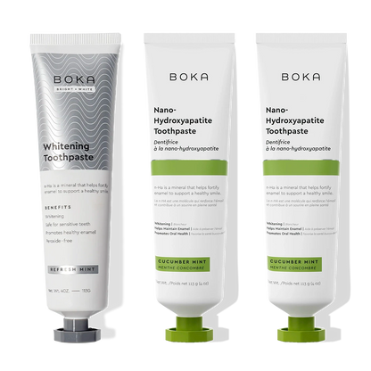 Three-pack: Nano (n-Ha) Toothpaste Whitening, peroxide-free, in Cucumber Mint flavor.