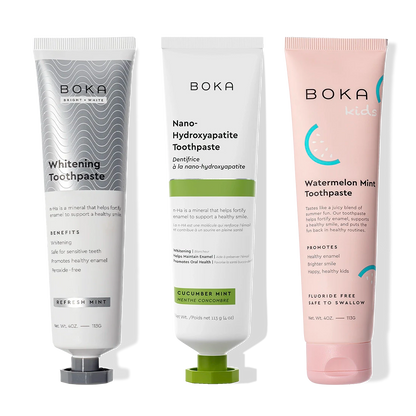 Three Boka Nano (n-Ha) Toothpaste Whitening tubes—peroxide-free, 3 pack.