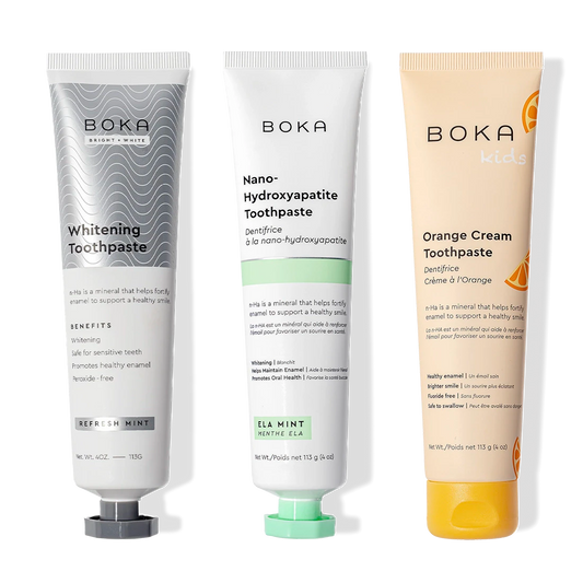 Three-pack of Boka Nano (n-Ha) Whitening Toothpaste, including Refresh Mint and Kids Orange Cream.