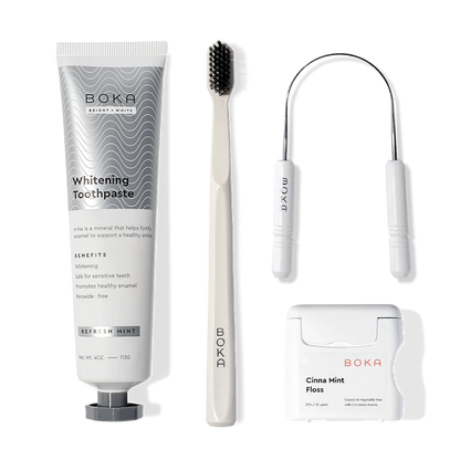 Starter Kit with nano-hydroxyapatite toothpaste, floss picks, and charcoal toothbrush.