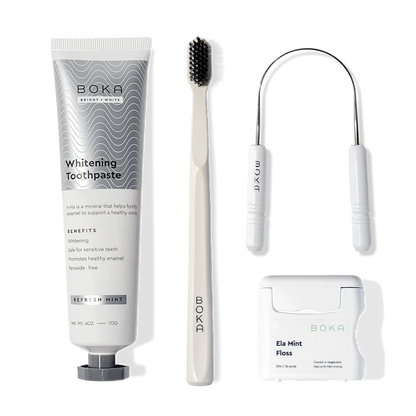 The Starter Kit includes nano-hydroxyapatite toothpaste, toothbrush, floss pick, and box of floss.