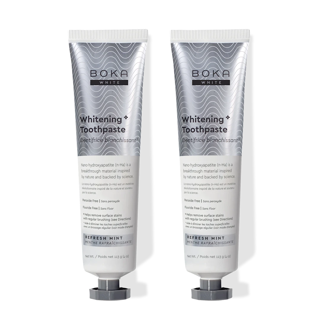 Two tubes of Boka Whitening Toothpaste on a white background