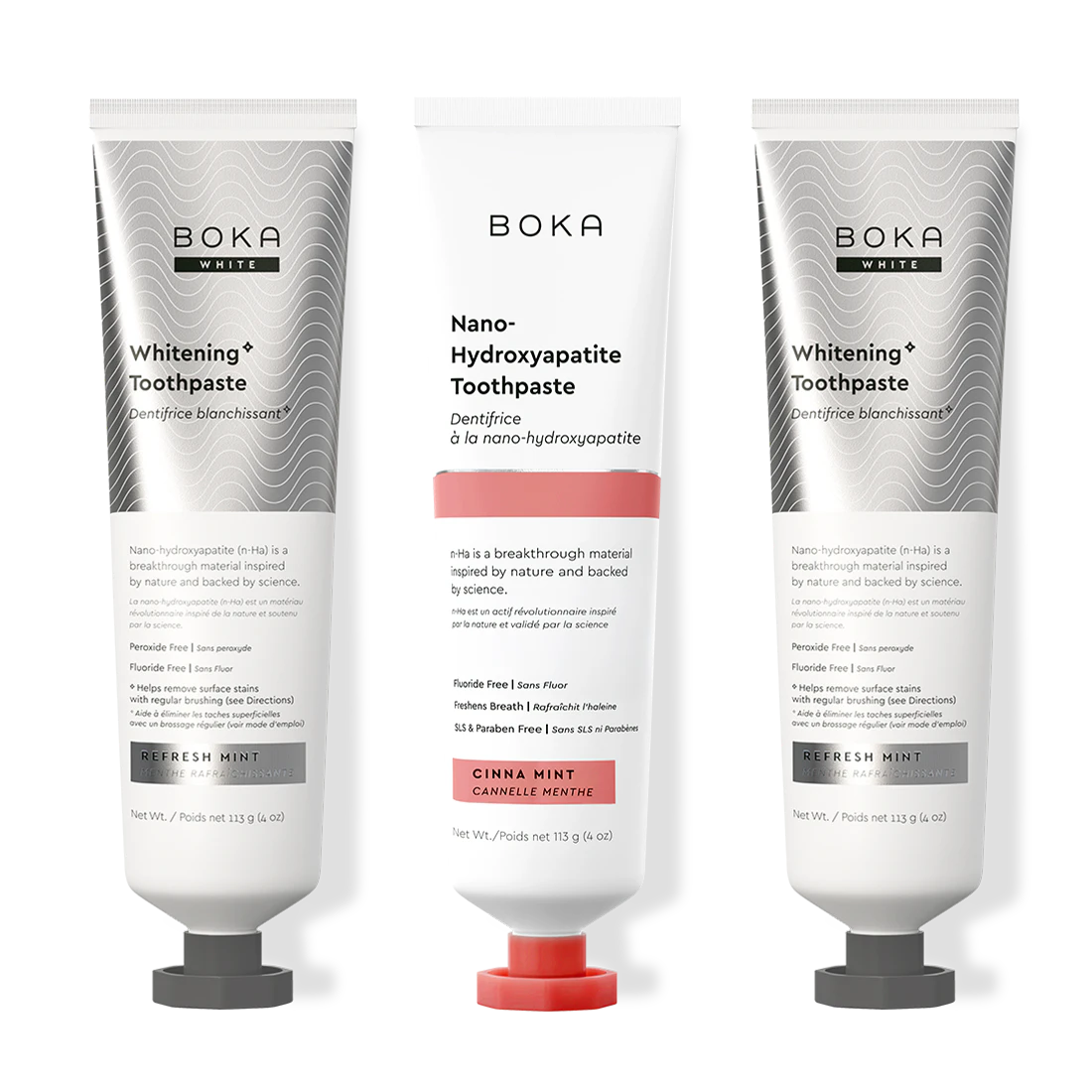 Three bottles of Boka Nano-Hydroxyapatite Toothpaste on a white background