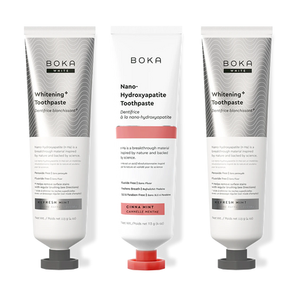 Three bottles of Boka Nano-Hydroxyapatite Toothpaste on a white background